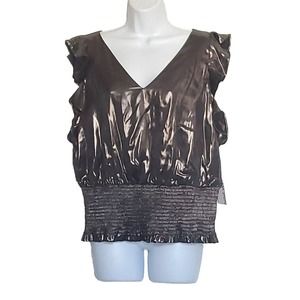 Nine West XL V-Neck Glossy Shimmer Brownish Black Smock Waist Flutter Sleeve Top